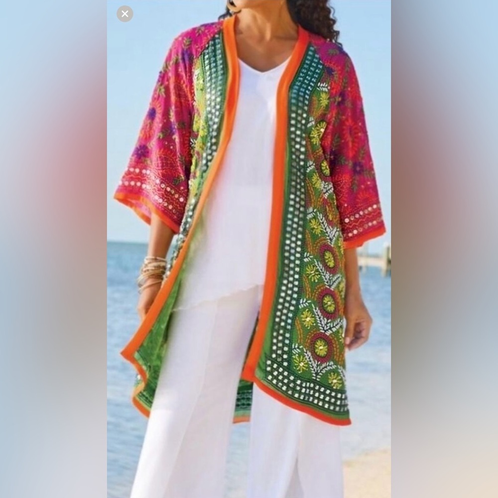 Soft Surroundings S/M Bright Colorful Embroidered Sequined Boho Kimono